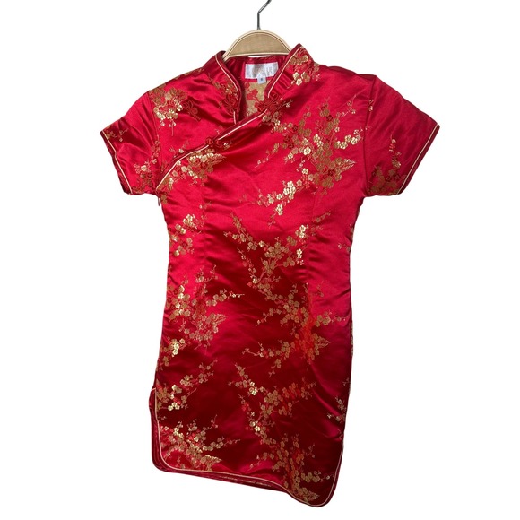 Bitablue Dresses & Skirts - Bitablue Red Gold Floral Brocade Cheongsam Qipao Mini Dress Size 6 Mandarin